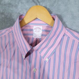 Brooks Brothers Shirt Mens 16.5 33 Pink Blue Stripe Button Down Traditional Fit
